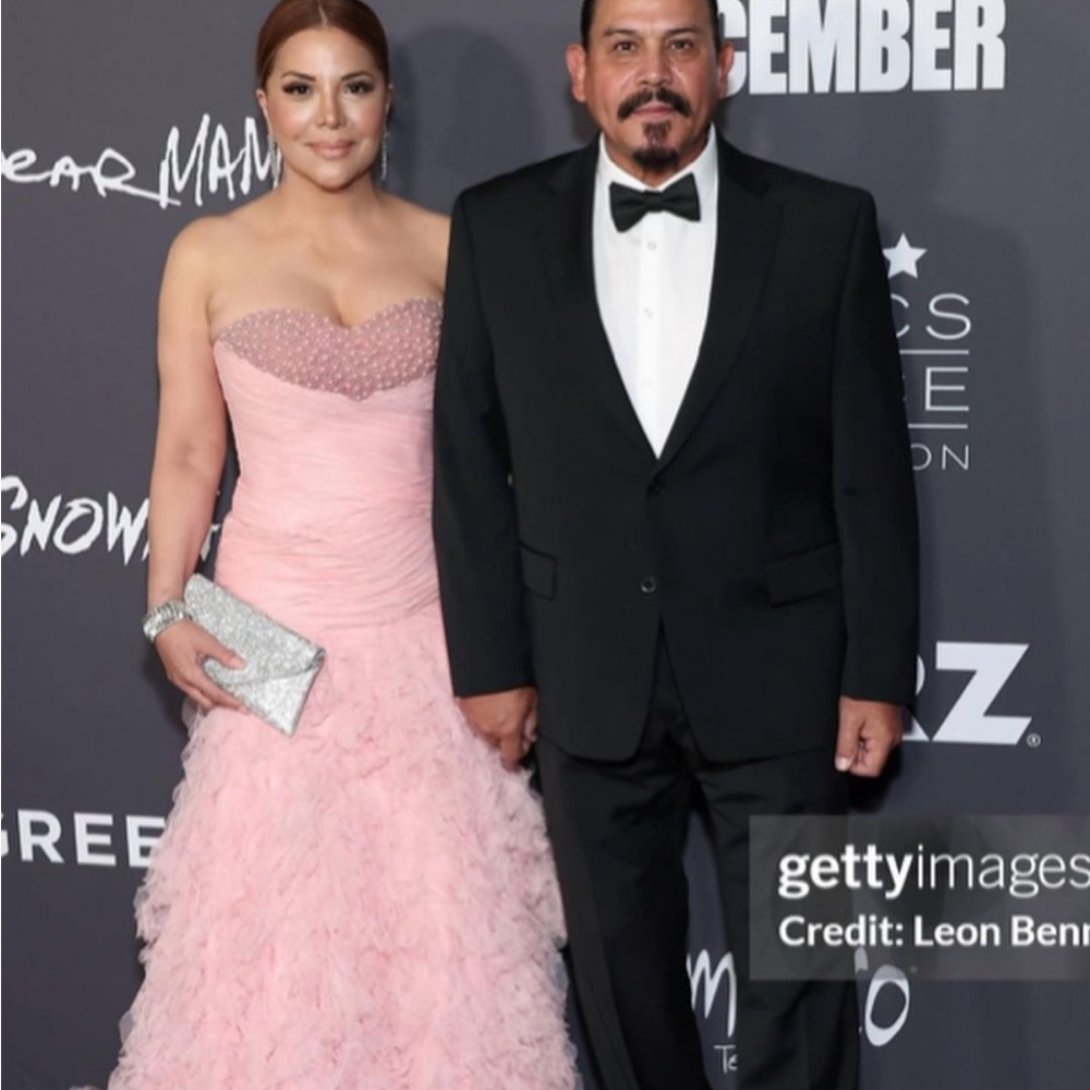Pink chiffon gown with pearls